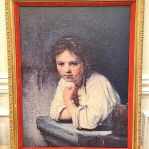Rembrandt, Picture, A Girl at a Window, Print on Canvas Golden Frame Vintage